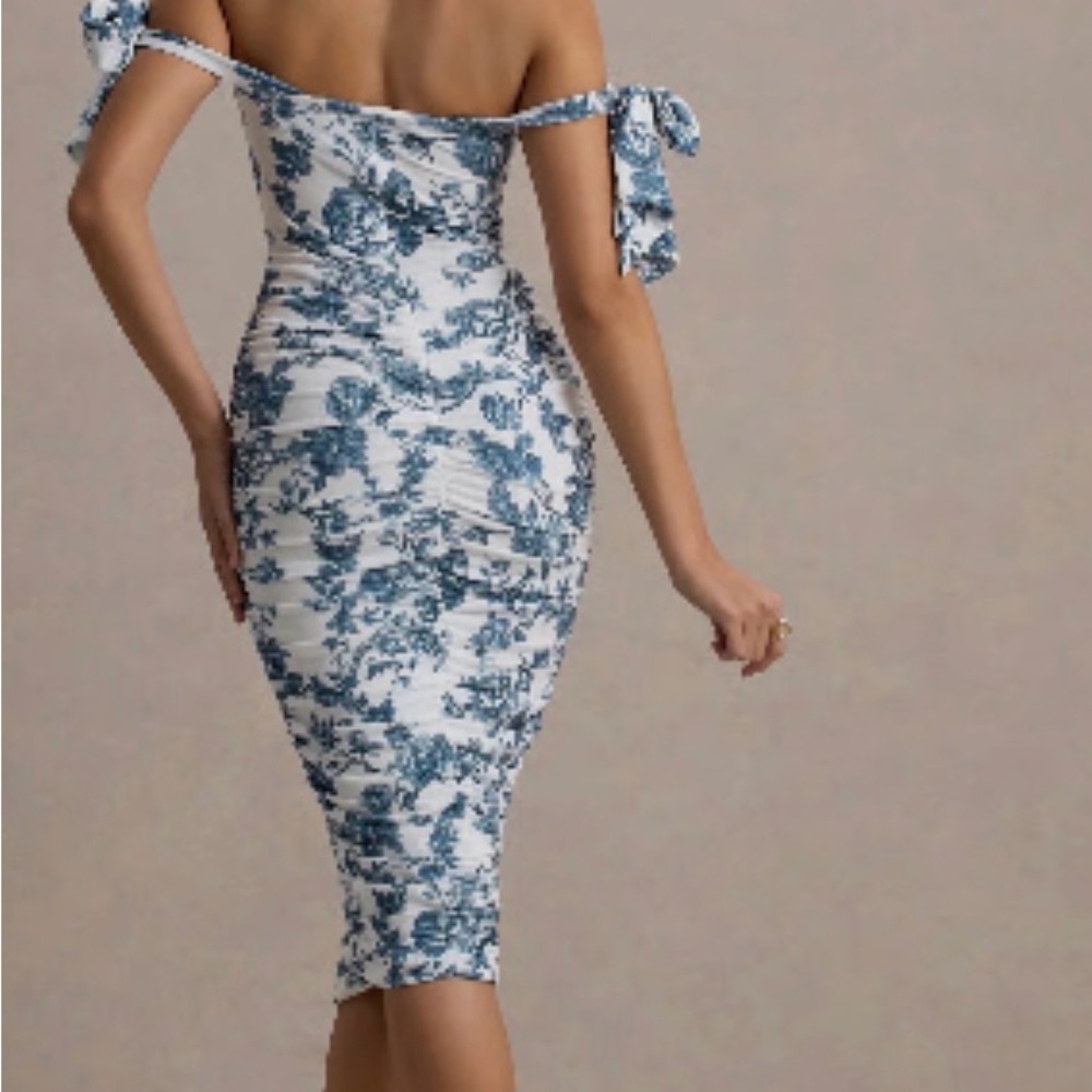 Club L London White with Blue Porcelain Floral Print Bardot Bodycon Midi Dress - Picture 7 of 9